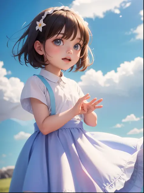 A little girl wearing an ancient gauze skirt，movie still, floating in the sky, (close-up:1.1), bright, happy, fun, soft lighting