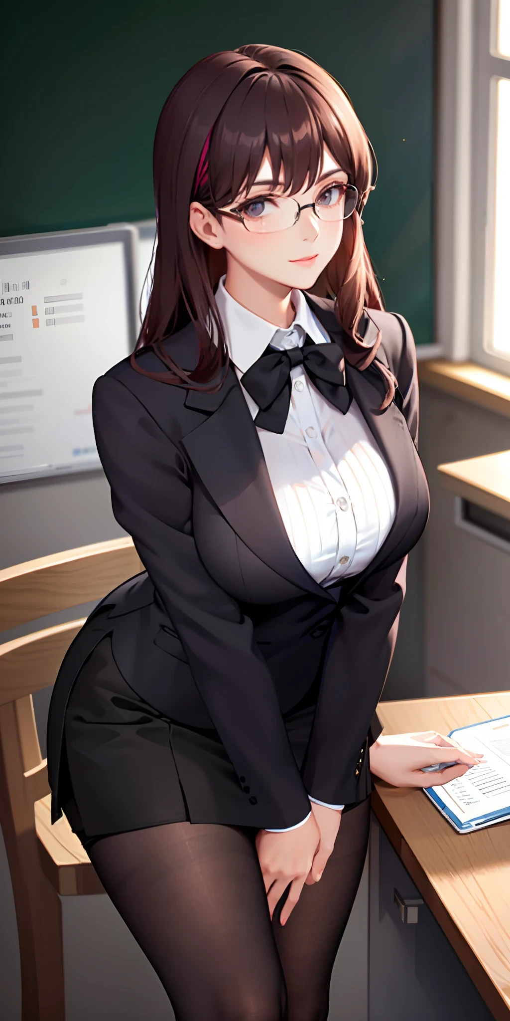 一位戴着眼镜的优雅而老练的老师俏皮地打扮成一位办公室女士，穿着短裙和黑色长袜, 露出她丰满的胸部和