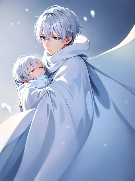 comforting snow, gentle cool light, (1 teen age boy), head down, (white hair)|(silver hair), (blue eyes), looking at something i...