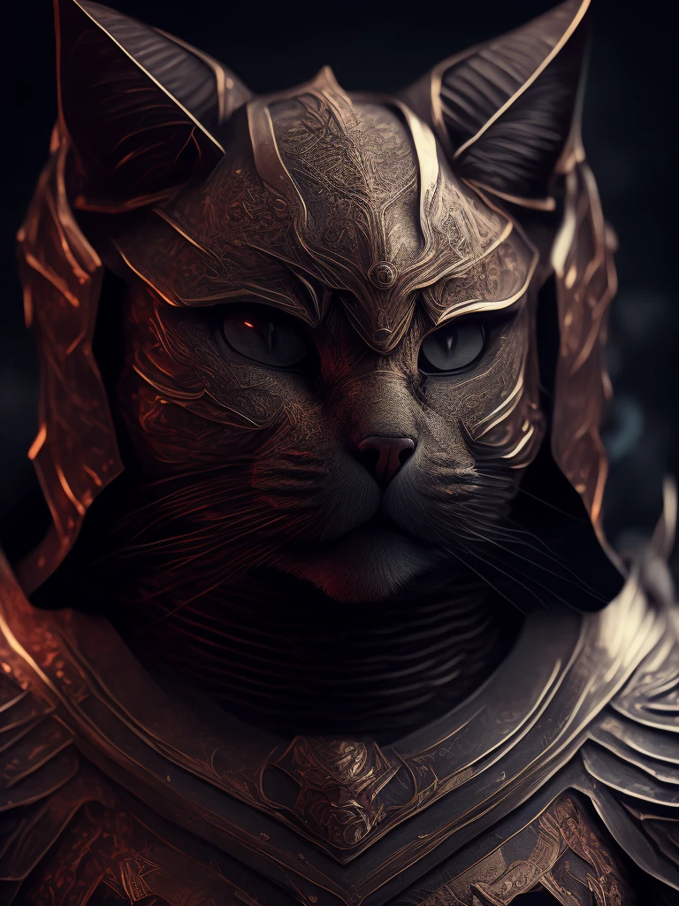 (realistic:1.3), poster,intricate details, ((cinematic light)), cat,hybrid,hyperealistic, scary, dark fantasy \(style\), detailed armor, detailed helmet, 
(dreamlikeart style:0.8),( redshift style:1.1) ,(analog style:1.1),(warm backlit lighting)++, (dark tone)++realistic, highly detailed, hasselblad, 45 degree, gigapixel,