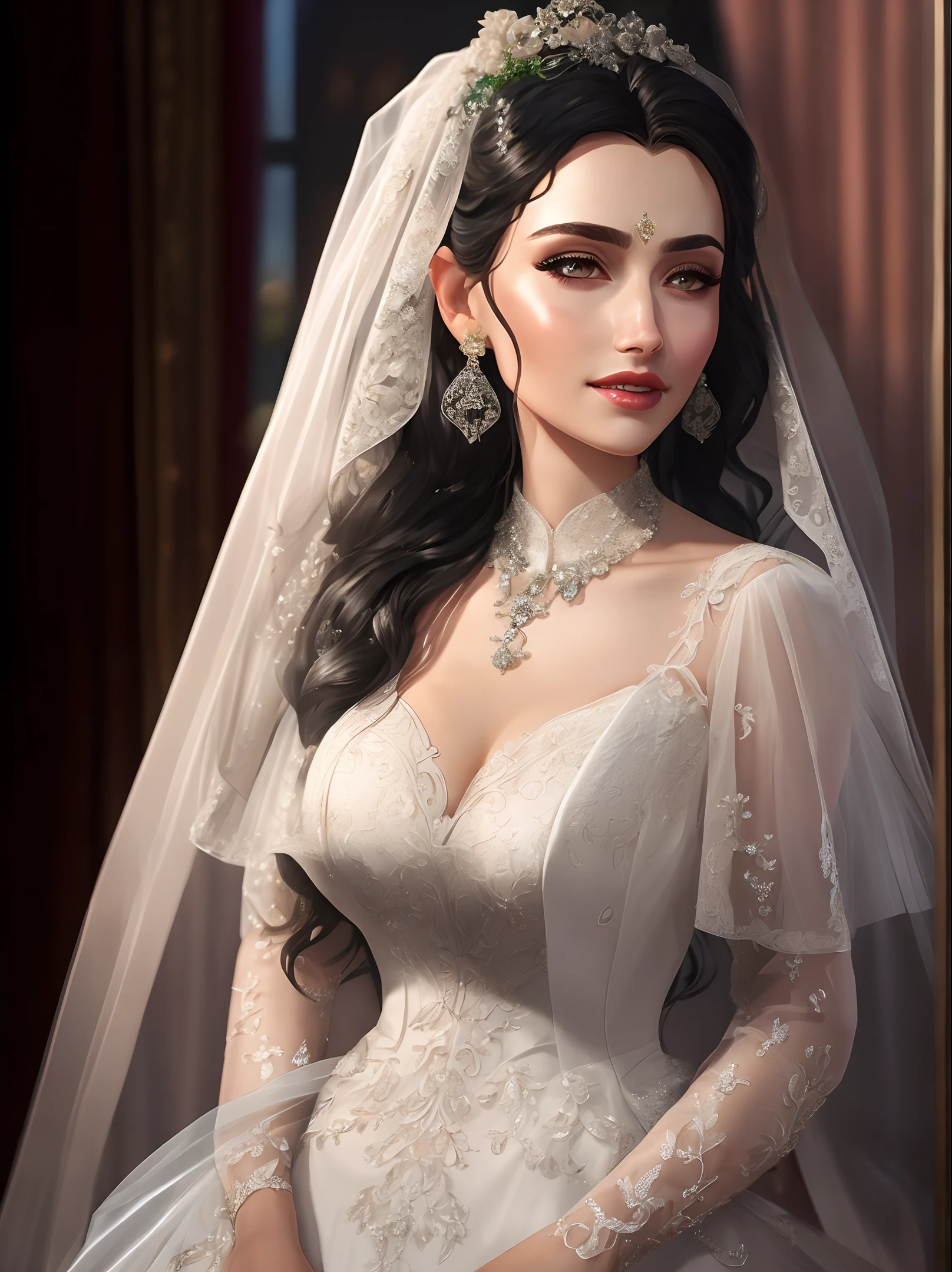 (masterpiece), best quality, highest quality, extremely detailed CG unity 8k wallpaper,original,highres,(depth of field:1.5),realistic:1.3, breasts,Bridal_Portrait_Style,1girl, curtains, veil, bridal_veil, wedding_dress,  curtain_grab, jewelry, solo, earrings, teeth, bride, black_hair