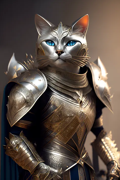 Kneeling cat knight, portrait, elaborate armor, intricate design, silver, silk, film lighting, 4k