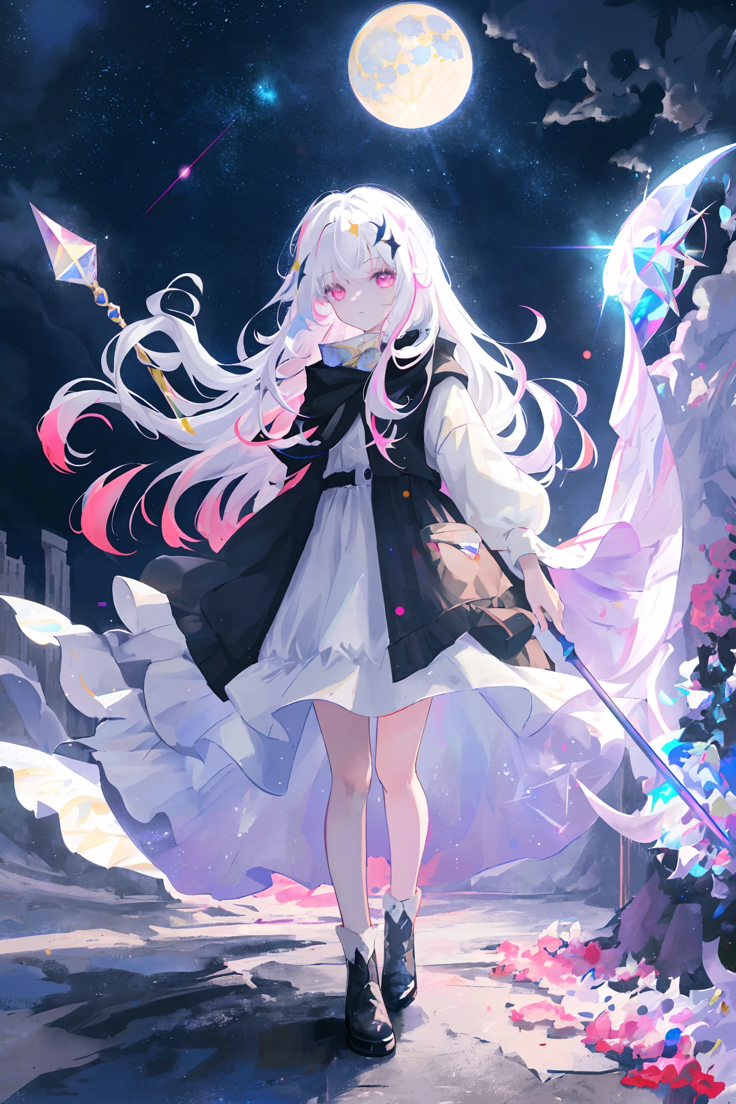 Masterpiece, Best Quality, High Quality, High Resolution, Masterpiece* Portrait, Blank, Colorful, 1girl, Solo, White Hair, Prism Hair, [Pink|Green] Eyes, Gradient Eyes, Multicolored Eyes, Glowing Eyes, Glowing , glitter, glowing white particles, wind lift, full_body, severe, staff, magic, starry sky, moon