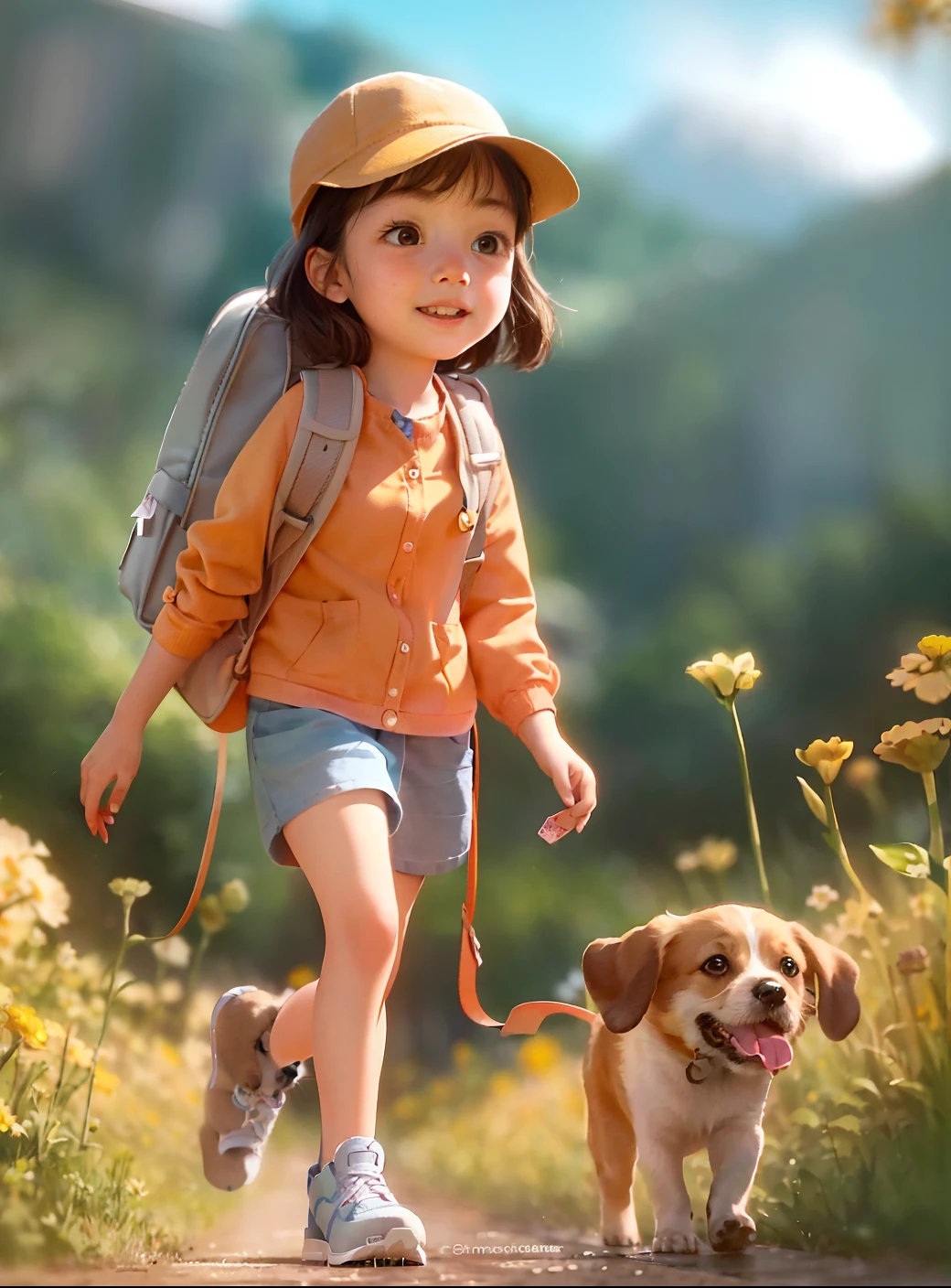 inmediato: Un increíblemente encantador llevando una mochila., acompañada de su adorable cachorro, disfrutando de una hermosa excursión primaveral rodeado de hermosas flores amarillas y paisajes naturales. La ilustración está en alta definición con resolución 4k., con rasgos faciales muy detallados y visuales de estilo de dibujos animados.