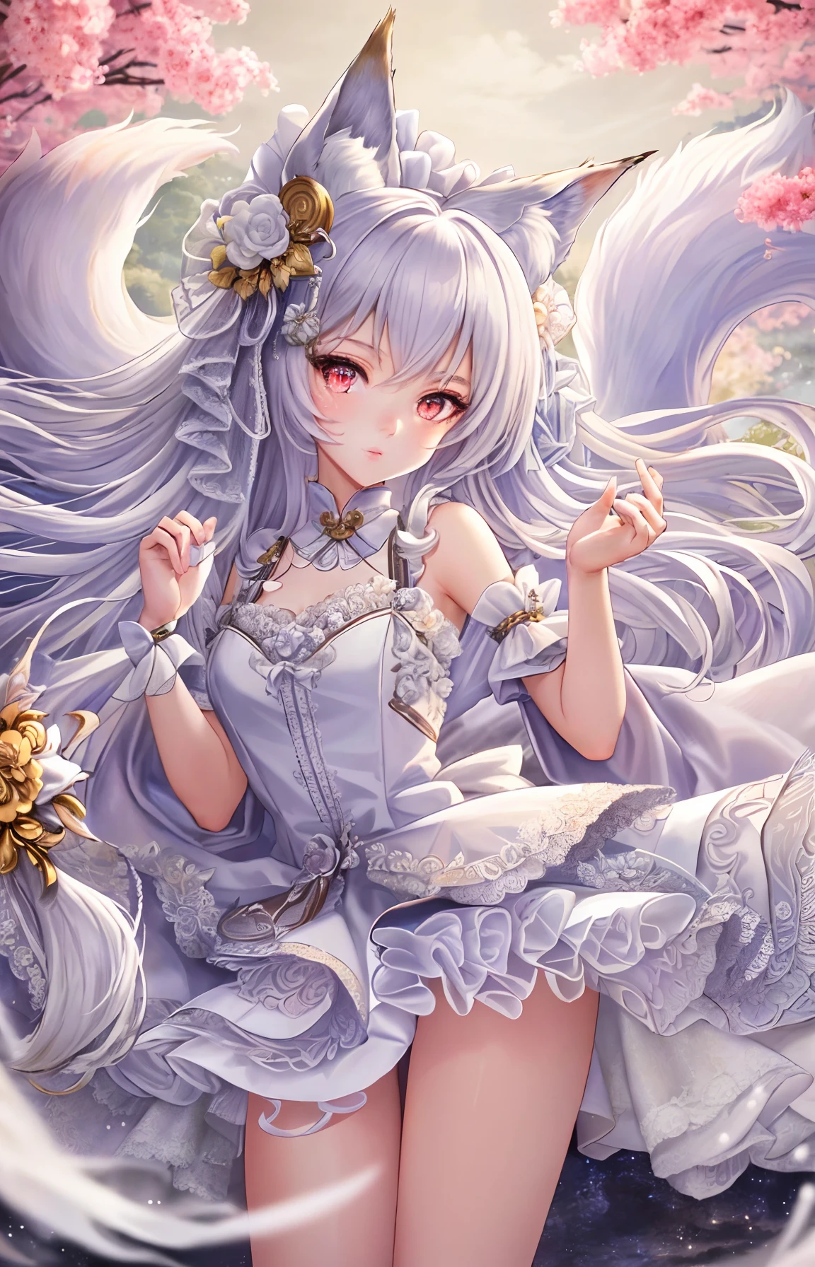 ((best quality)), ((highly detailed)), masterpiece, ((official art)), (detailed eyes, deep eyes), (1girl:1.33, solo), (hair_censor), (kitsune,fox ears, multiple tails, fox tail, (old lace white) hair), lace white dress, close to viewer, pink eyes, light smile