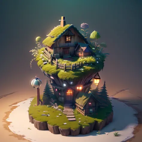 Masterpiece, best quality, (highly detailed CG unity 8k wallpaper), (best quality), (best illustration), (best shadows), round radish hut covered with moss, isometric 3D , octane rendering, ray tracing, highly detailed