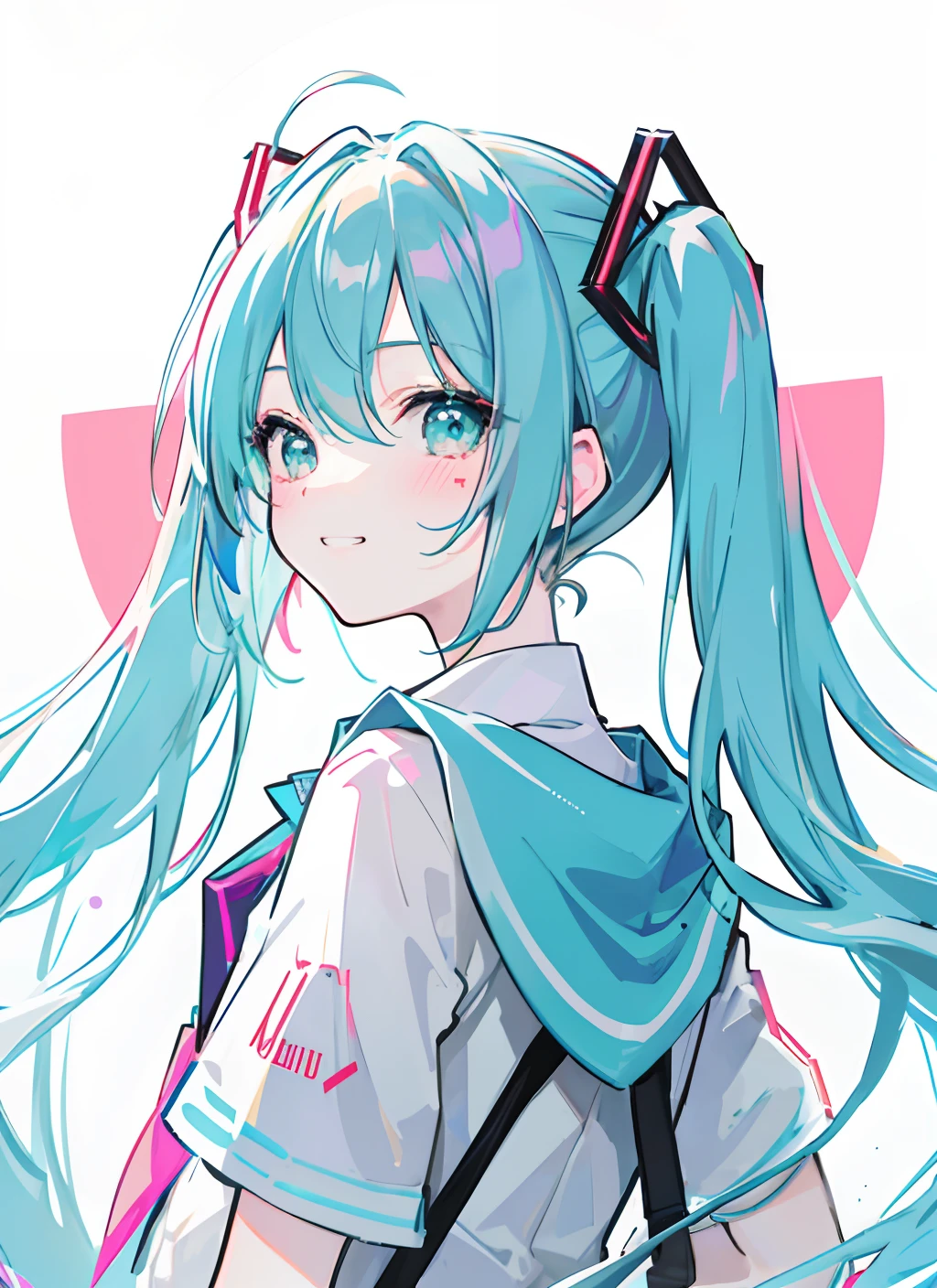 (masterpiece), (best quality),(miku),1girl,upper body,blush,grin,happy,backlight, lam_style, colorful_hair, facial_mark, neon_palette, miku，初音未来，halftone,