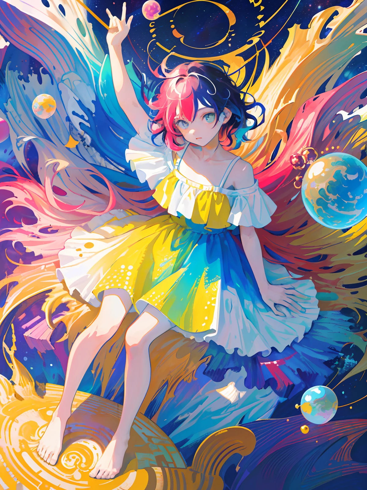 (masterpiece, best quality:1.2), (ultra detailed),(illustration), wallpaper, original,
1girl, messy (((colorful and dynamic  ))) hair, spaghetti strap, white dress, bare legs, bare feet, bare arms, space, Earth background, near-earth orbit, full body,
,(surrounded by colorful splashes and dot),colorful bubble,(shining)