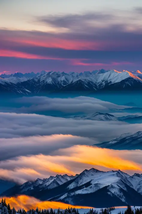 sunset, snow, mountains, clouds