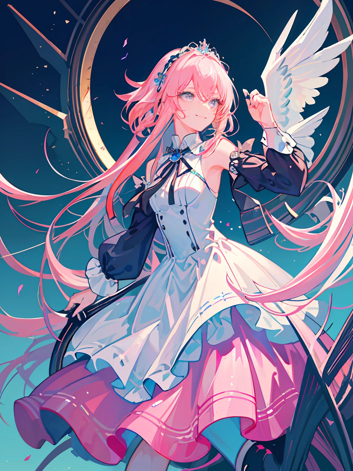 masterpiece,best quality,best quality,Amazing,beautiful detailed eyes,1girl,fine detail,Depth offield,extremely detailed CG unity 8k wallpaper,masterpiece,upper body,(vtuber minato aqua),pink hair,blue streaked hair,palace, holy , white floor length slit dress, mature woman, standing, mid bust, silver headdress, smiling, black high heels, extra long hair, body turned to one side, jewelry, blue flowers in hair, gray eyes, close up