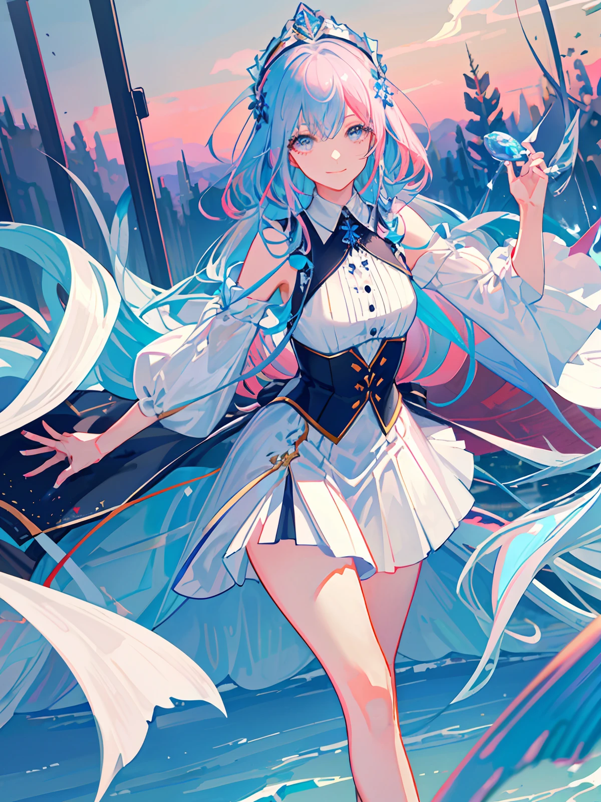 masterpiece,best quality,best quality,Amazing,beautiful detailed eyes,1girl,fine detail,Depth offield,extremely detailed CG unity 8k wallpaper,masterpiece,upper body,(vtuber minato aqua),pink hair,blue streaked hair,palace, holy , white floor length slit dress, mature woman, standing, mid bust, silver headdress, smiling, black high heels, extra long hair, body turned to one side, jewelry, blue flowers in hair, gray eyes, close up