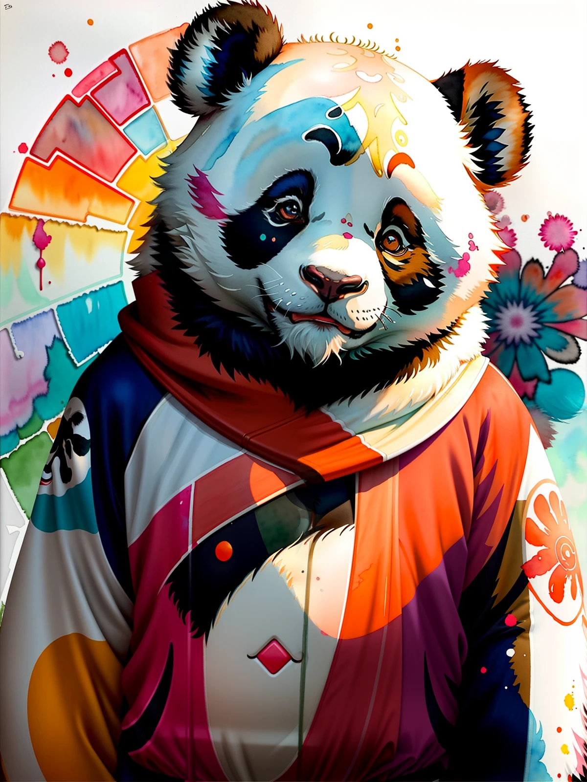 estilo wtrcolor, arte digital de (Personaje panda), arte oficial, frente, sonrisa, obra maestra, Hermoso, ((acuarela)), Pintura facial, salpicadura de pintura, detalles intrincados. Muy detallado, ojos detallados, [goteo:0.5], tendencia en artstation, Raquel Walker