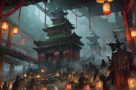 ancient Chinese scenery, temples, (mysterious black fog), journey to the west, ((ghosts)), ((corpses)), ((ancient monsters)), gl...