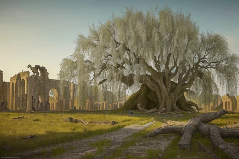 ((A huge willow tree in the distance of a ruined city, its branches dancing in the wind)), murky and desolate scene with high resolution, ray tracing, cinematic composition, perfect for wallpaper.