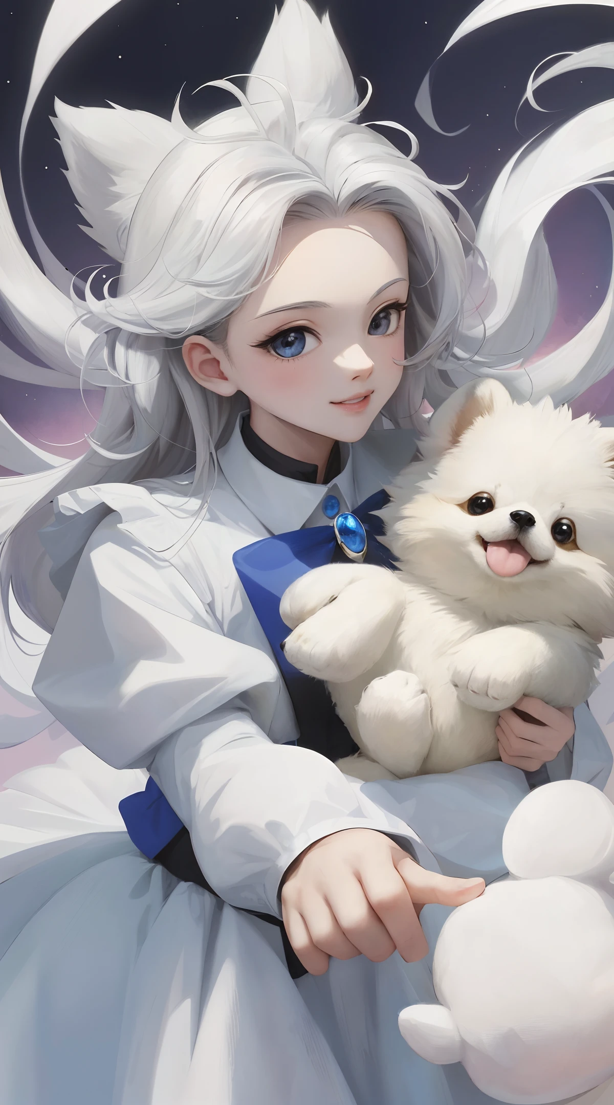 (Cartoon style, masterpiece, cute face, genius imagination, white plush, dense plush, magic elements, with cute and irresistible Pomeranian, warm background) Pomeranian