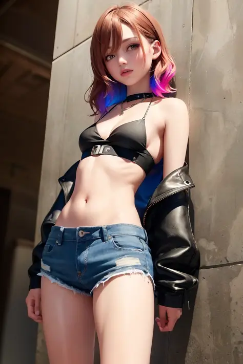 ((medium breasts, tomboy, small head)), (cut belly: 1.1), (perfect body: 1.1), (short wavy hair: 1.2), auburn hair, collar, chain, full body, crowded street, wearing black vest , denim jacket, ((shorts)), (extremely detailed CG 8k wallpaper), (extremely de...