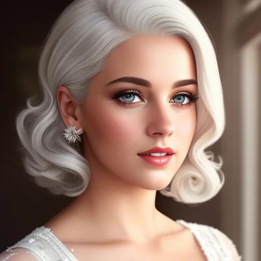 (photorealistic: 1.4), (masterpiece, side lighting, finely detailed beautiful eyes: 1.2), masterpiece*portrait, realistic, detailed face, glowing eyes, glowing hair, glowing skin, solo, relaxed, retro dress, white hair, 60s pin-up style