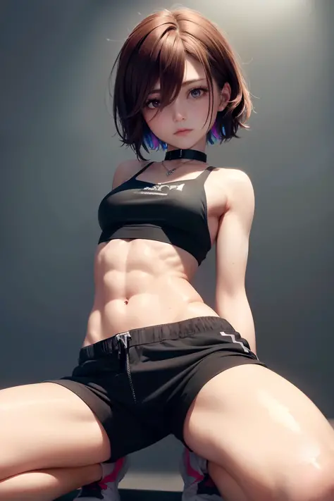 ((medium chest, tomboy, small head)), (cut abs: 1.1), (perfect body: 1.1), (short wavy hair: 1.2), auburn hair, collar, chain, full body, workout , sweat, femboy, futa ((shorts)), (extremely detailed CG 8k wallpaper), (extremely delicate and beautiful), (m...