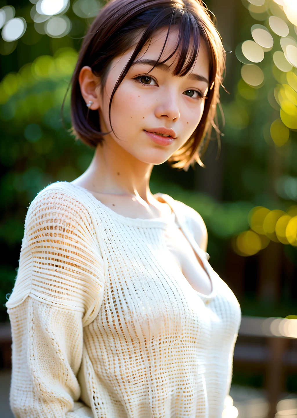 Arafed asian woman with short hair and a white sweater - SeaArt AI