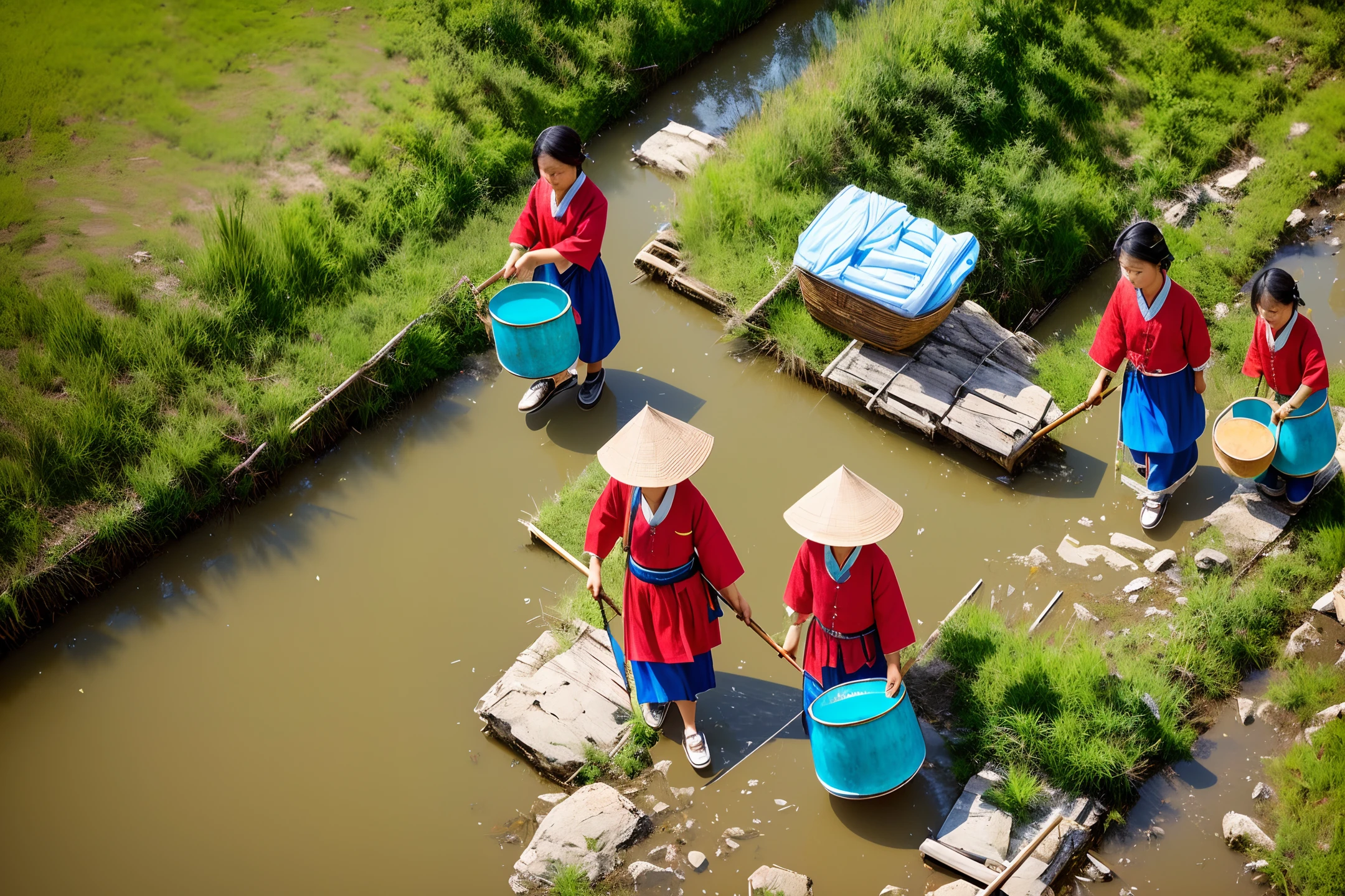 Chinese style, rural girls carry two buckets and carry laundry to a small stream, great composition, high definition, 8k, super wide angle, drone aerial view.