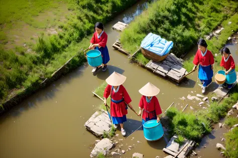 chinese style, rural girls carry two buckets and carry laundry to a small stream, great composition, high definition, 8k, super ...