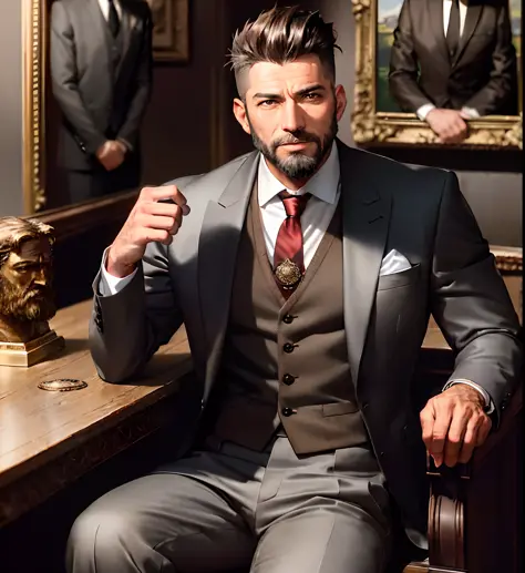 Mature muscular male, brown eyes, styled brown hair greying at the sides, neat beard, wearing dark business suit, tie, and wolf’...