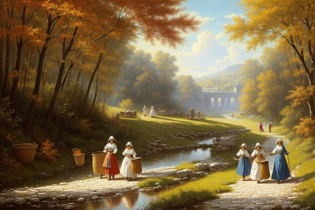 Fantasy Peinture, époque médiévale, belles paysannes portant des seaux et du linge marchant le long d&#39;un ruisseau, Magnifique composition, Haute définition 8K, Peinture, Greg Rutkowski， chef-d&#39;œuvre