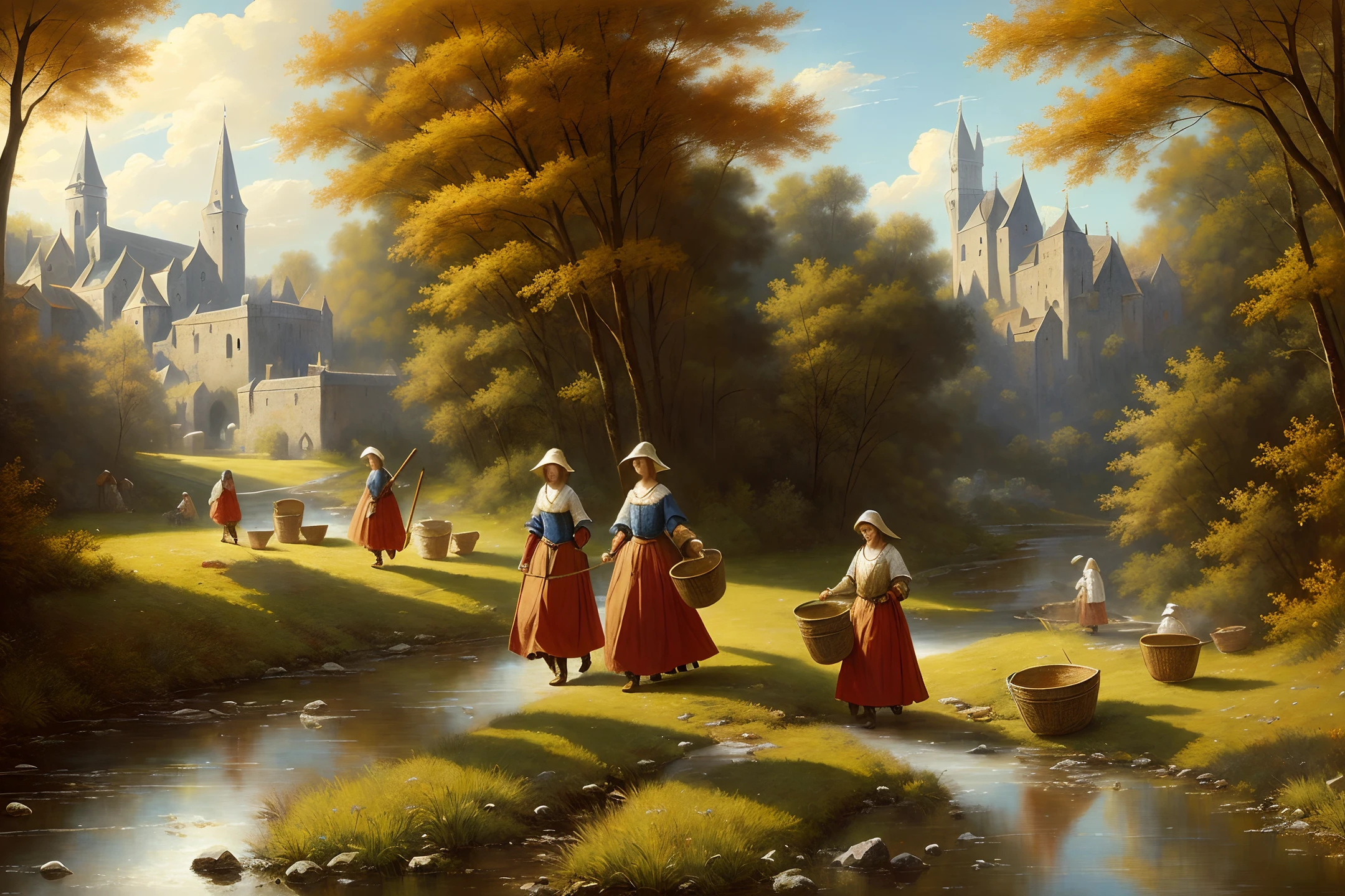 Fantasy painting, medieval era, beautiful peasant girls carrying buckets and laundry walking along a stream, magnificent composition, high definition 8k, painting, Greg Rutkowski， masterpiece