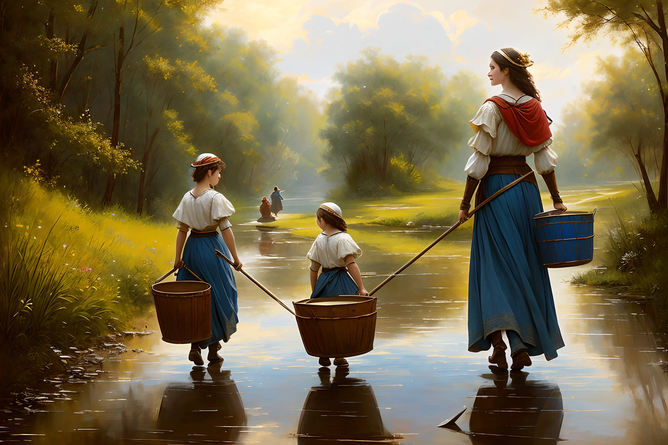 fantasy Peinture, Moyen-âge, Belle paysanne portant deux seaux en descendant un ruisseau, ventre nu, Règle des tiers, superbe compo, HD, 8k, Peinture, par Greg Rutkowski