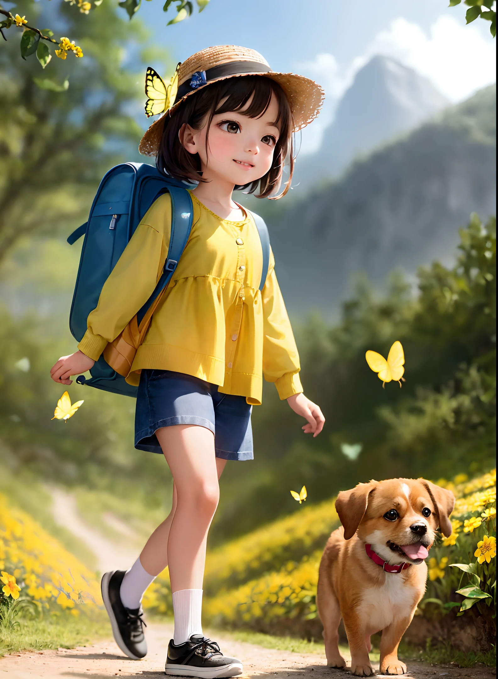 バックパックを背負ったとても魅力的な, 愛らしい子犬を連れて, 美しい黄色い花と自然の景色に囲まれた素敵な春の外出を楽しむ. イラストは4K解像度の高解像度です, 非常に詳細な顔の特徴と漫画風のビジュアル, (バタフライダンス)