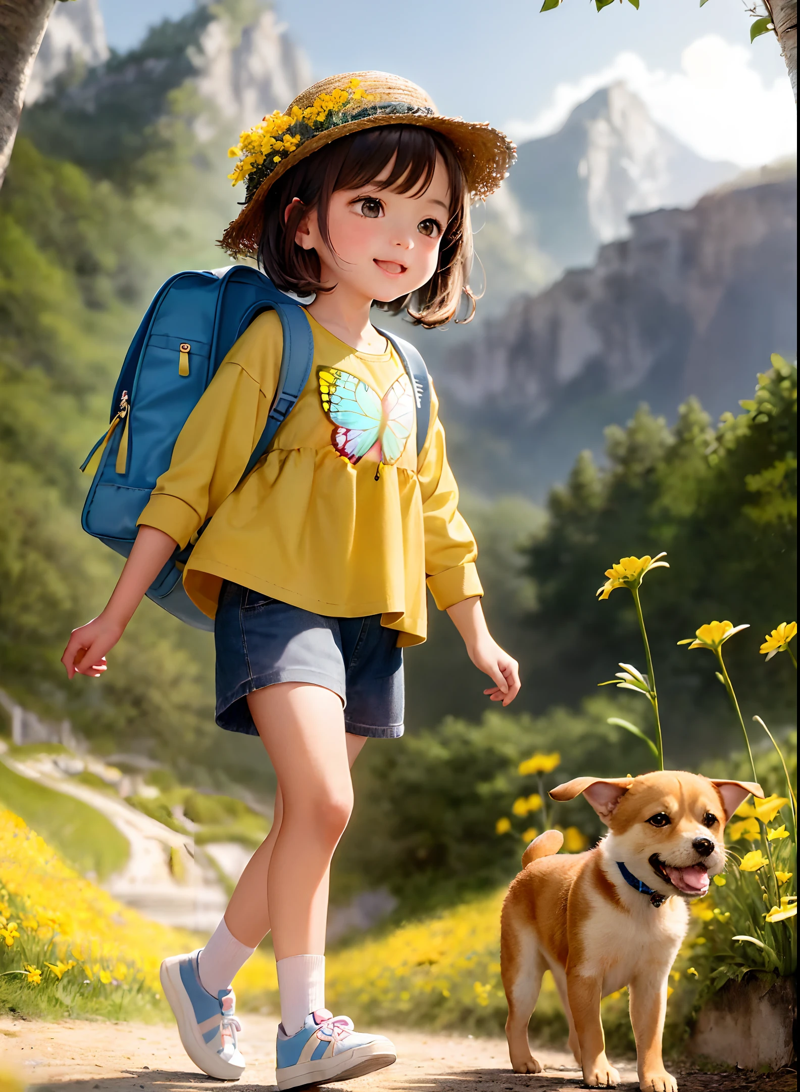 An incredibly charming little girl carrying a backpack, accompanied by her adorable puppy, enjoying a lovely spring outing surrounded by beautiful yellow flowers and natural scenery. The illustration is in high definition at 4k resolution, with highly-detailed facial features and cartoon-style visuals, (Butterfly Dance)