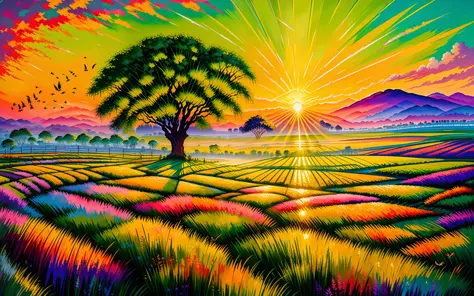 A vibrant oil painting of a comfortable and magnificent green field at sunrise, with intricate dry brush strokes, sparkling dew,...