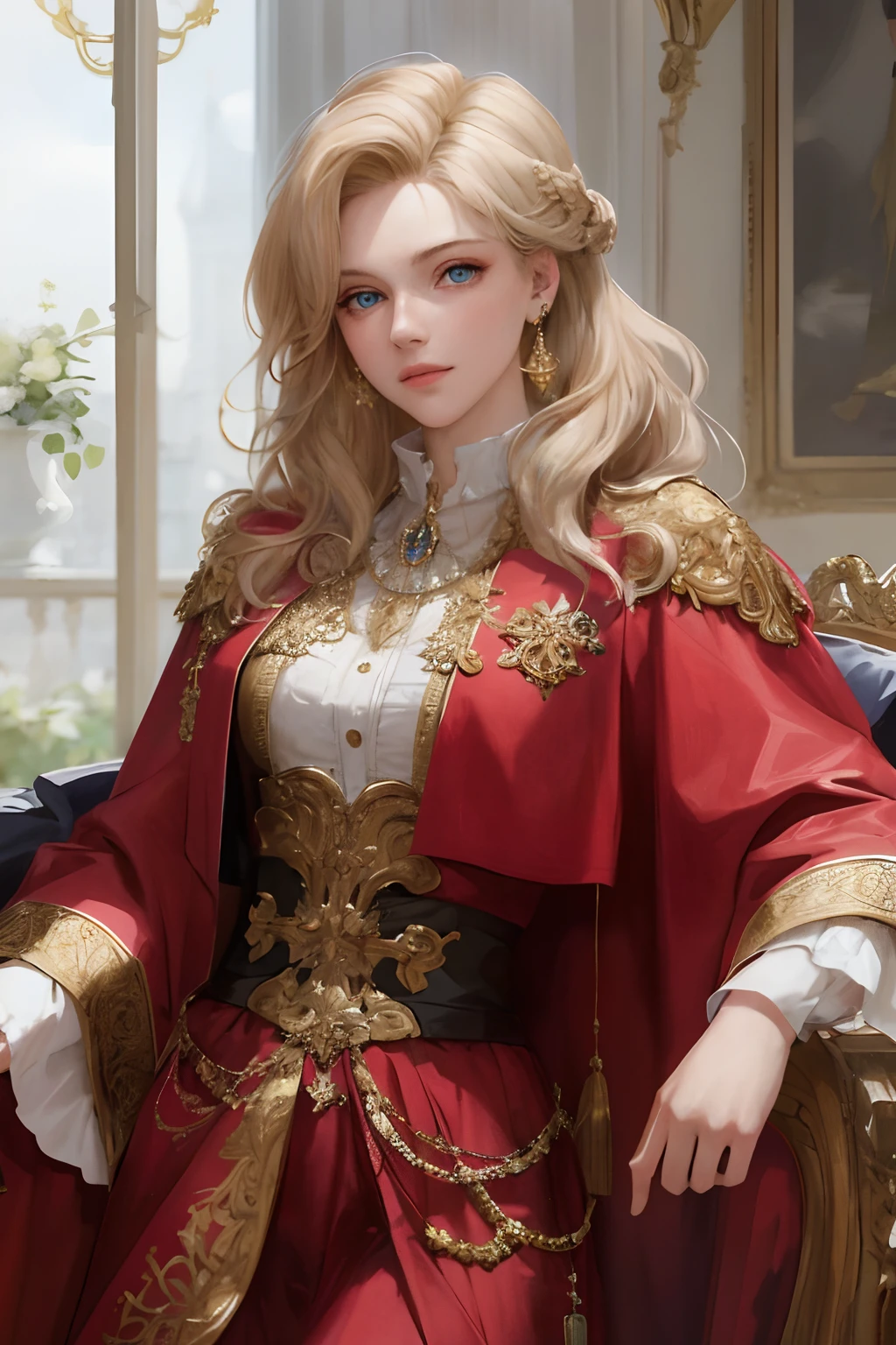 (masterpiece:1.2, best quality), realistic, (real picture, intricate details, depth of field), Best quality, masterpiece, highly detailed, semi realistic, 1 girl, mature female, 21 years old, with short golden hair, left eye covered by hair, blue eyes, king's clothing, red cloak, slim figure
