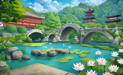 Chinese ancient architecture, sky, garden, bamboo, lake, stone bridge, rockery, arch bridge, corner, rockery, tree, water, lands...