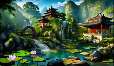 Chinese ancient architecture, sky, garden, bamboo, lake, stone bridge, rockery, arch bridge, corner, rockery, tree, water, lands...
