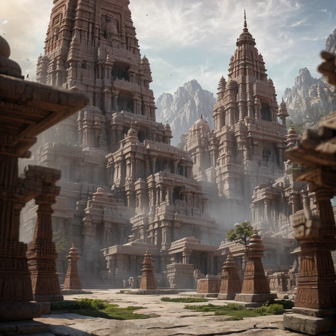 ! 3d render, depth of field,  epic realistic textures, highly detailed indian temples , expressive, abstract,  ultra detailed, dynamic lighting, concept art, leading lines, rule of thirds, hdr, 8k, unreal engine 5, octane render, trending on artstation, inspired by walt disney
