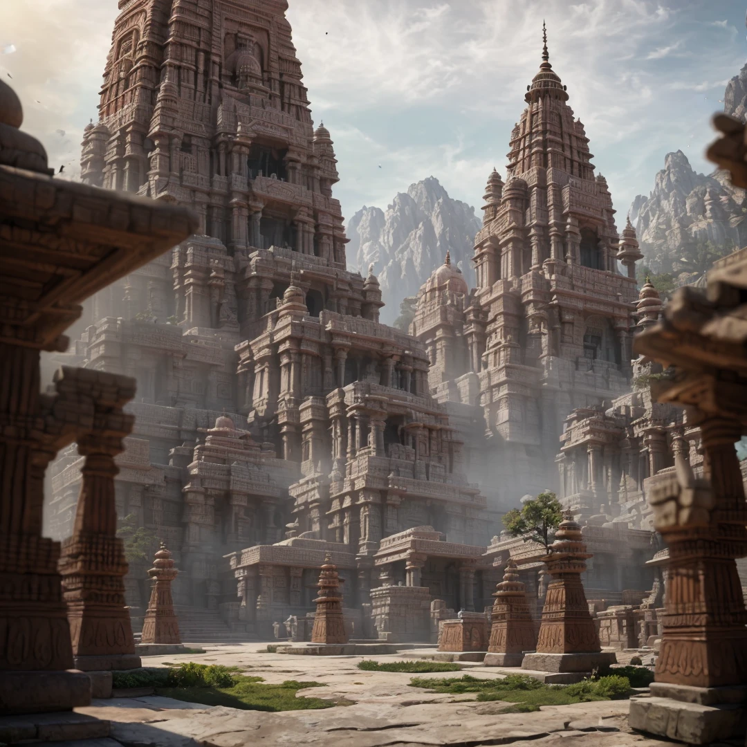 ! 3d render, Tiefenschärfe,  episch realistische Texturen, hochdetaillierte indische Tempel , ausdrucksvoll, abstrakt,  Extrem detailliert, dynamische Beleuchtung, Konzeptkunst, Führungslinien, Drittelregel, HDR, 8k, Unwirkliche Engine 5, octane render, Trends auf ArtStation, inspiriert von Walt Disney