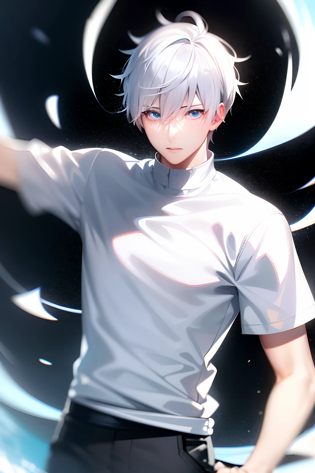 "An exquisitely detailed and beautifully rendered CG artwork featuring the epic, blue-eyed protagonist Gojou Satoru gazing directly at the viewer while standing at the sea background, wearing his iconic white short sleeve, styled with a captivating hairdo, accentuated with bangs and hair between eyes, highlighting his distinctive and stylish white and short hair. This dynamic composition expertly showcases his strong male focus, with an emphasis on his upper body, in a manner that captivates and intrigues viewers."