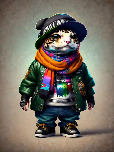 a painting of a turtle wearing a hat and scarf, trend in art station, dressed in punk clothing, hyper realistic detailed render, british gang member, urban style, intimidating pose, planet of the cats, trendy clothes, urban samurai, meow, west slav feature...