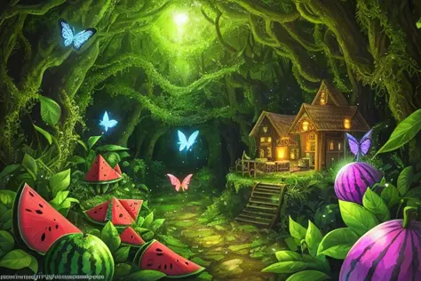 enchanted mystical village in a forest,Colorful watermelon ，butterfly， well lit, colorful, melons, lots of watermelons