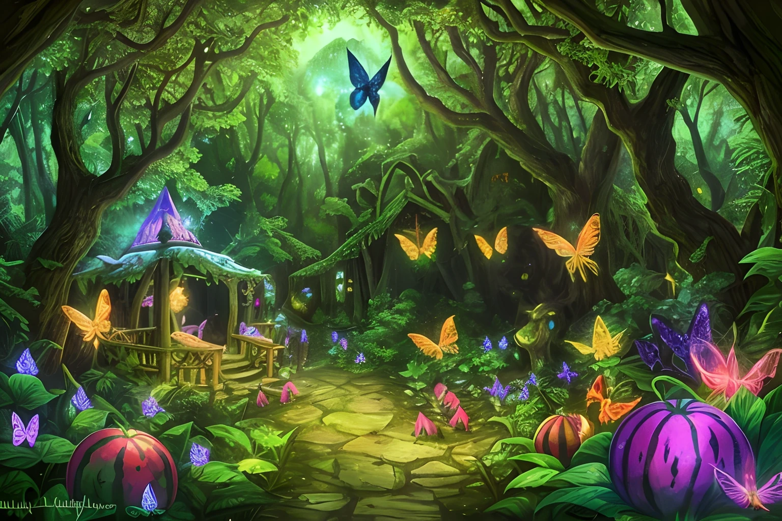 enchanted mystical village in a forest,Colorful watermelon ，butterfly， well lit, colorful, melons, lots of watermelons