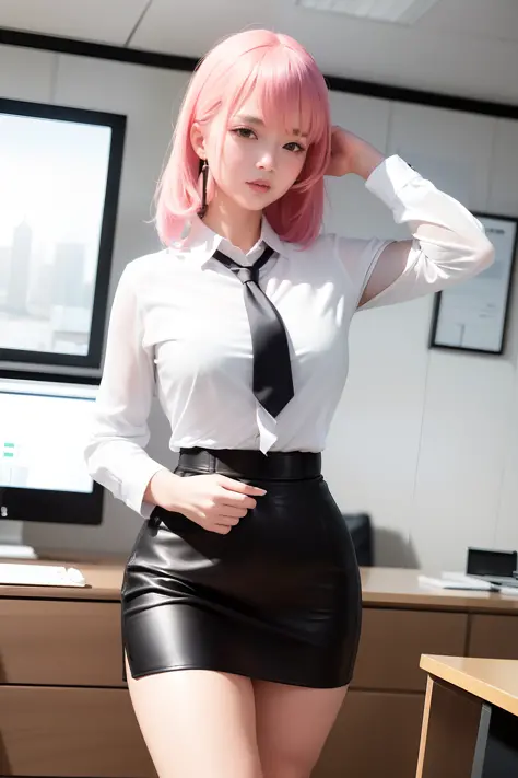 masterpiece, best quality, realistic, 1girl, walking in beijing, ((sexy office lady, white shirt with tie, tight mini black leather skirt)), fancy necklace, thick thighs, f-cup breast, dress view, (PureErosFace_V1:0.6), pink hair