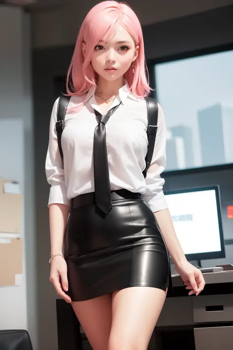 masterpiece, best quality, realistic, 1girl, walking in beijing, ((sexy office lady, white shirt with tie, tight mini black leather skirt)), fancy necklace, f-cup breast, dress view, (PureErosFace_V1:0.6), pink hair