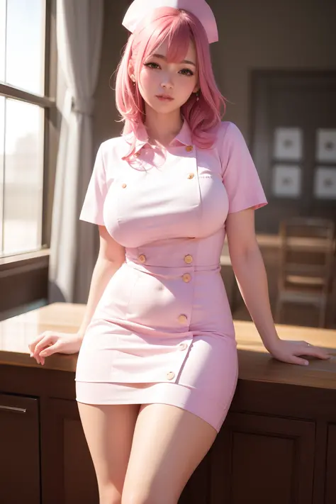 masterpiece, best quality, realistic, 1girl, nurse, thick thighs, f-cup breast, dress view, (PureErosFace_V1:0.6), pink hair