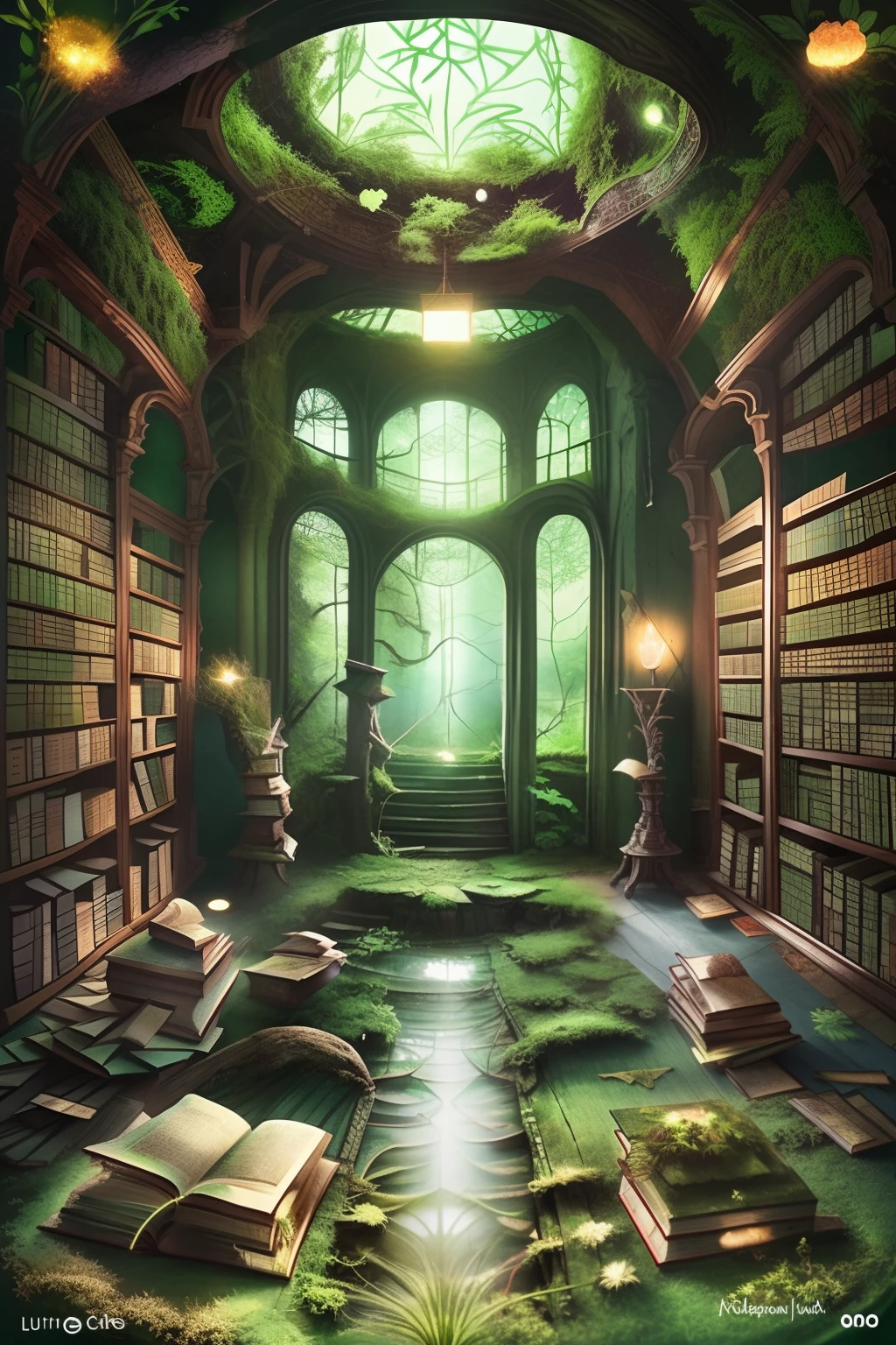 Uma obra-prima hipnotizante de uma biblioteca abandonada, com ilustrações ultradetalhadas de livros míticos revestidos por uma camada de musgo verde-floresta no centro do chão, iluminado pelo brilho suave da luz filtrada.