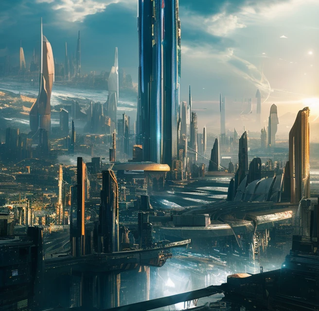 futuristic sci-fi 城市scape, 科幻小说, 超现实的, 高分辨率, 城市, 盛大场面