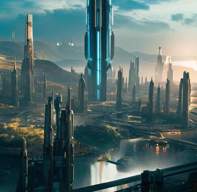 futuristic sci-fi cityscape, science fiction, surreal, high resolution, city, majestic scene