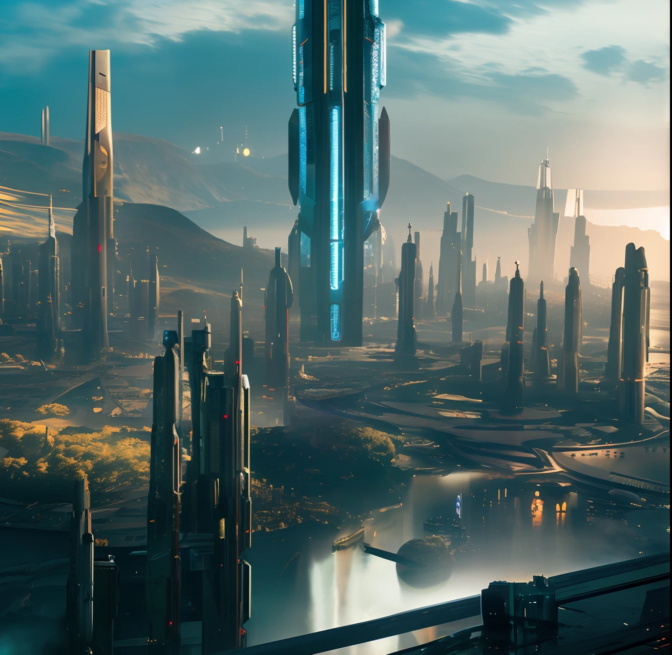 futuristic sci-fi cidadescape, ficção científica, Surreal, Alta resolução, cidade, Cena majestosa