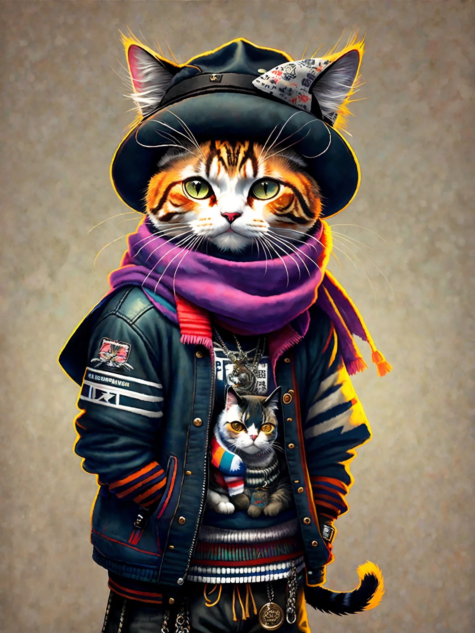 모자와 스카프를 두른 고양이 그림, 아트 스테이션의 트렌드, 펑크 옷을 입고, 상세한 초현실적 렌더링, 영국 갱단 멤버, 스트리트 스타일, 위협적인 포즈, 고양이의 행성, 패션과 함께 옷, 도시 사무라이, 야옹, 서부 슬라브 특징, 8 1 5