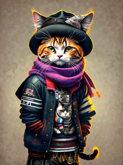 a painting of a cat wearing a hat and scarf, trending in the art station, dressed in punk clothes, detailed hyper realistic rendering, british gang member, street style, intimidating pose, planet of the cats, clothes with fashion, urban samurai, meow, west...